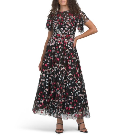 MAC DUGGAL BLACK MULTI Flutter Sleeve Embroidered Tea-length Dress - Picture 1 of 2